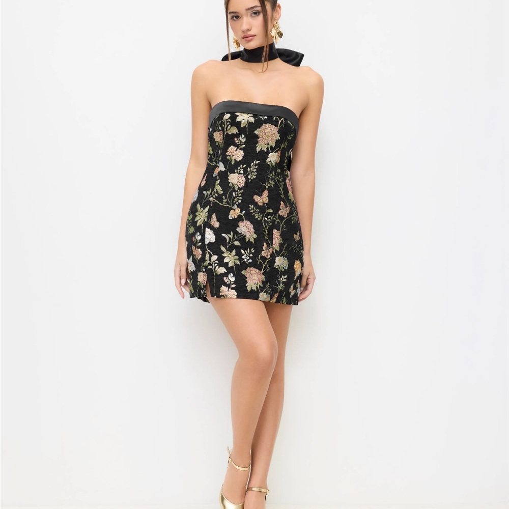 Cider Black Strapless Floral Jacquard Mini Dress
